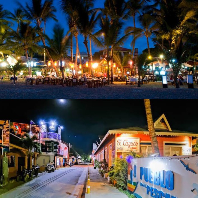 Orla de Las Terrenas à noite e Pueblo de Los Pescadores à noite