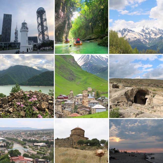 Fotos: Prédios em Batumi, canyons de Martvili, montanhas nevadas em Mestia, paisagem na estrada para a serra, vista da cidade de Ushguli, cavernas de Uplistiskhe, vista da cidade de Tibilisi, mosteiro de Noravank e praia em Batumi.